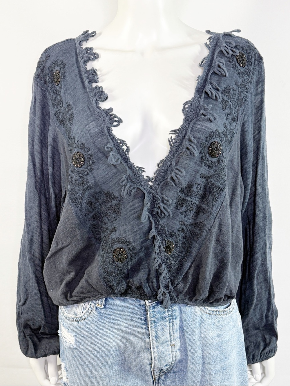 Free People Navy Blue Embroidered Fringe Blouse Boho Peasant Top Size XS V-Neck